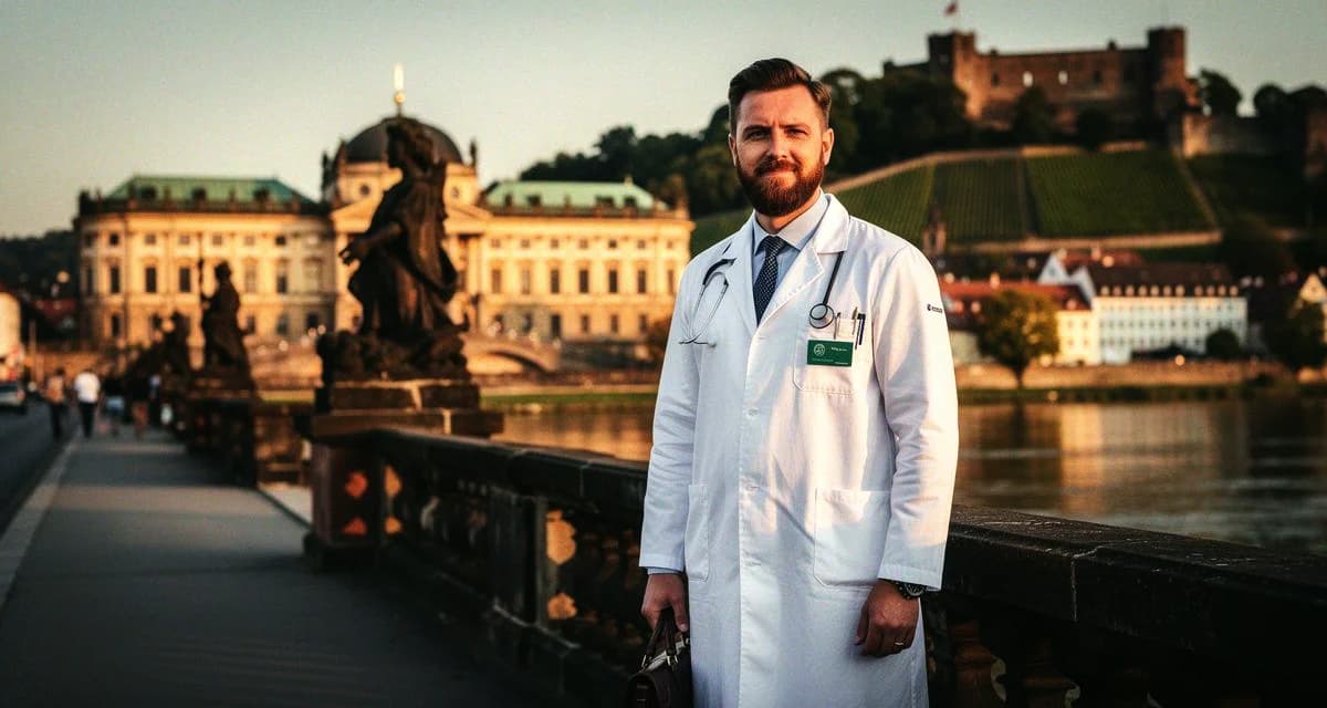 Dominikanerplatz Würzburg mit Echter Galerie, Ärztekammer-Gebäude, Weinberglandschaft im Hintergrund