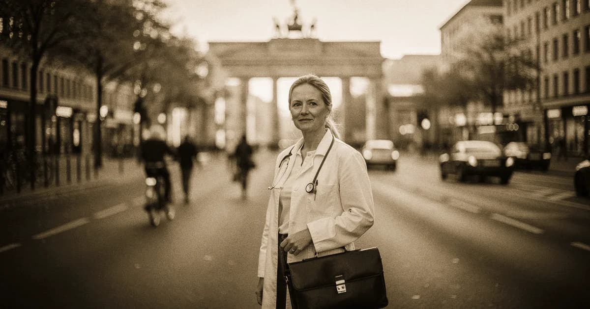 Ärztekammer Berlin: Brandenburger Tor in Berlin mit Mediziner-Szene im Vordergrund