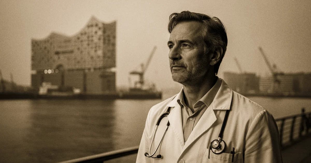 Elbphilharmonie mit Mediziner-Szene im Hafen