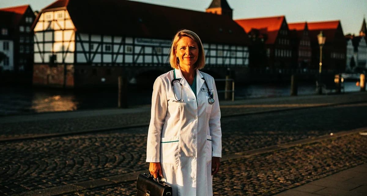 Ansicht der Hansestadt Stade an der Niederelbe mit historischer Altstadt und modernen Kliniken