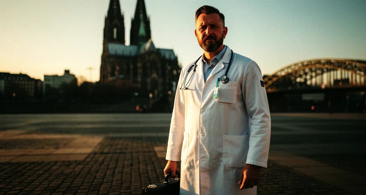 Ärztekammer Köln: Kölner Dom mit Mediziner-Szene im Hintergrund