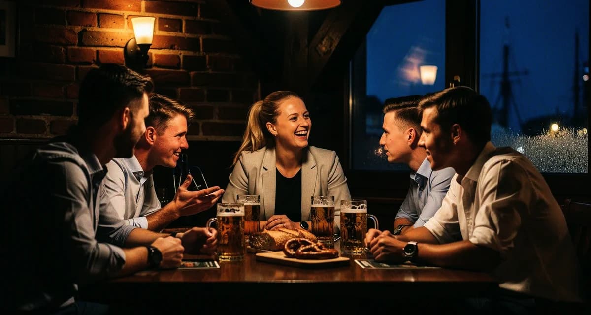 Hafencafé Rostock mit Ostseepanorama: zwei Ärzte im Gespräch bei Kaffee, Warnemünde-Leuchtturm im Hintergrund