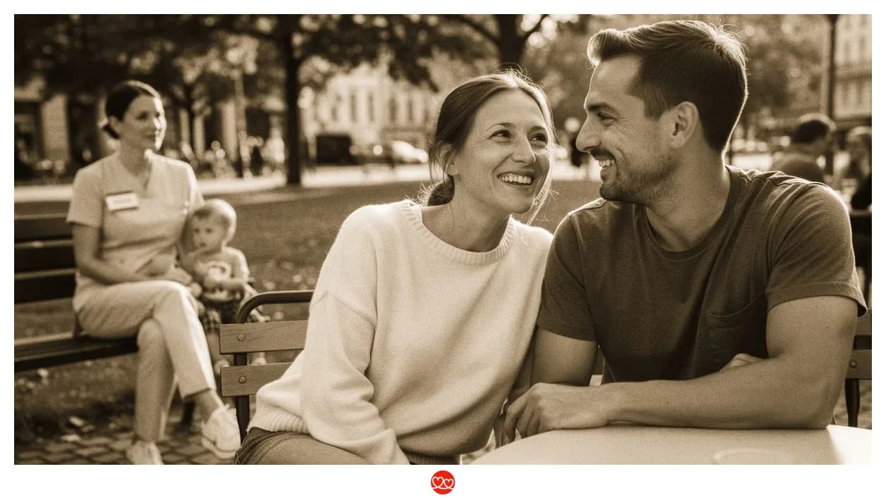 Pflegekraft in Uniform mit Kind am Nachmittag, entspannt und zufrieden