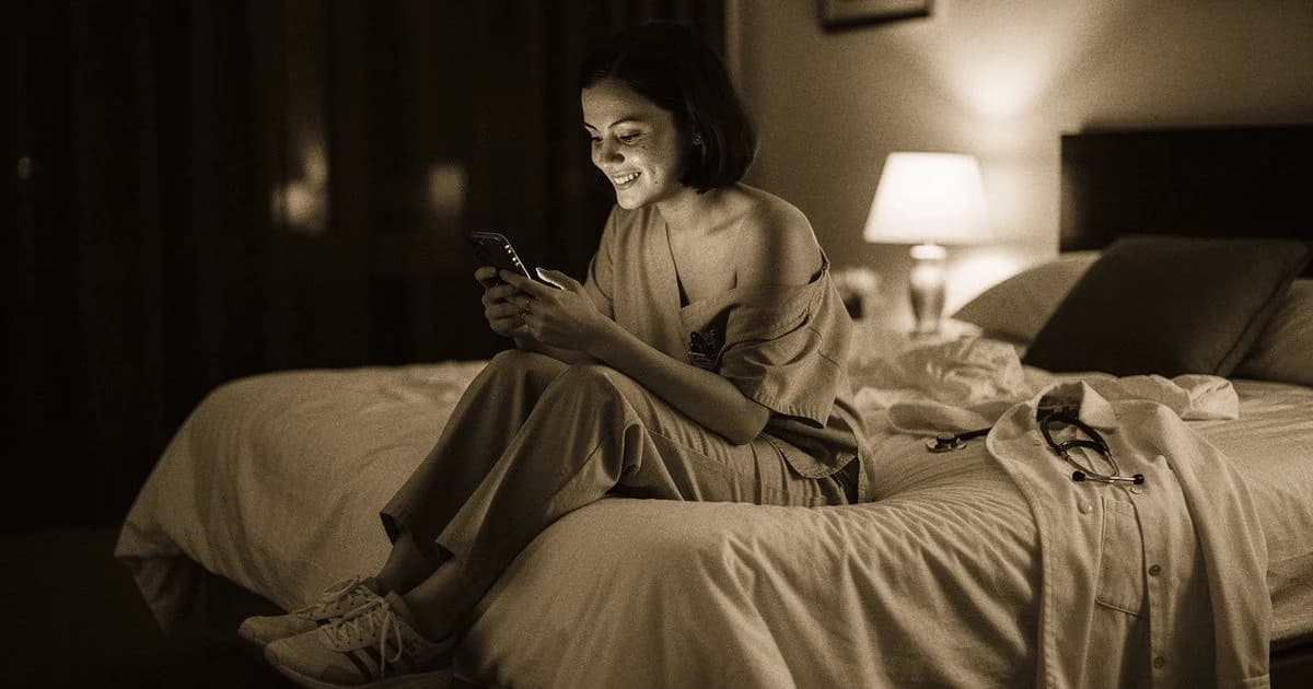 Arzt scrollt durch Dating-App, nachdenklicher Blick beim Profil-Erstellen