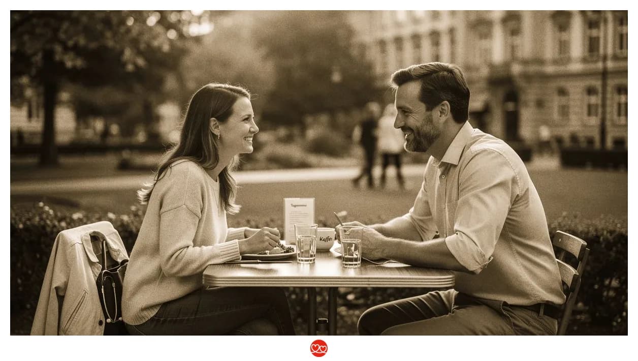 Paar beim Abendessen, einer trägt noch Arbeitskleidung