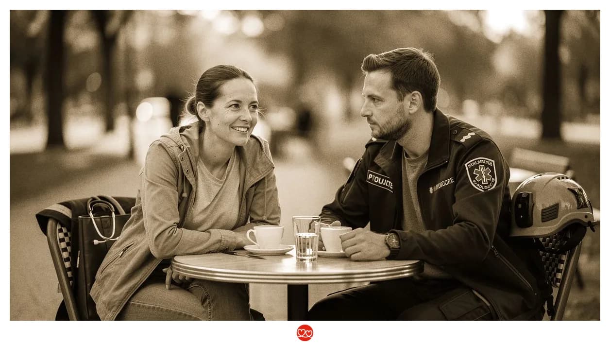 Rettungsdienstler zuhause, Tage nach einem schwierigen Einsatz, Partner schweigend daneben, warmes Abendlicht