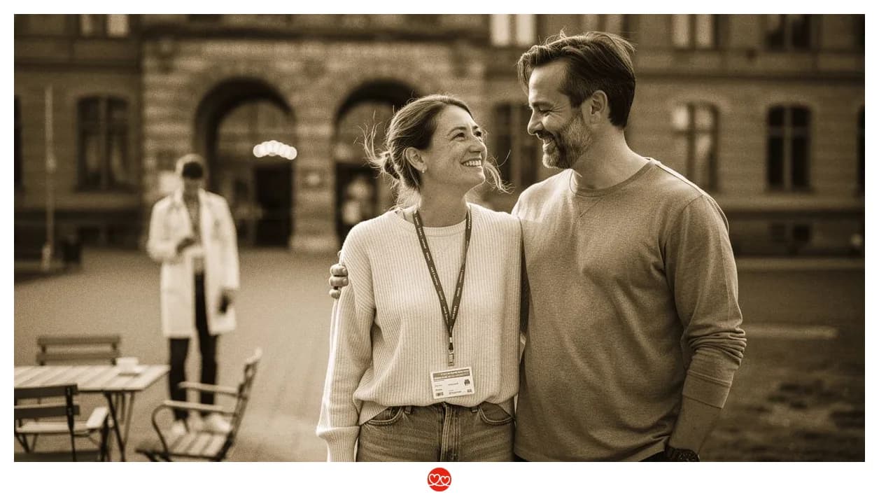 Junger Arzt in Zivilkleidung vor dem historischen Charité-Hauptgebäude in Berlin-Mitte, warmes Nachmittagslicht