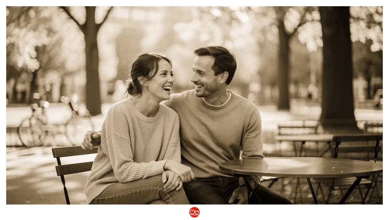 Pflegekraft schaut sichernd auf Handy, Café-Setting, Entscheidungsmoment