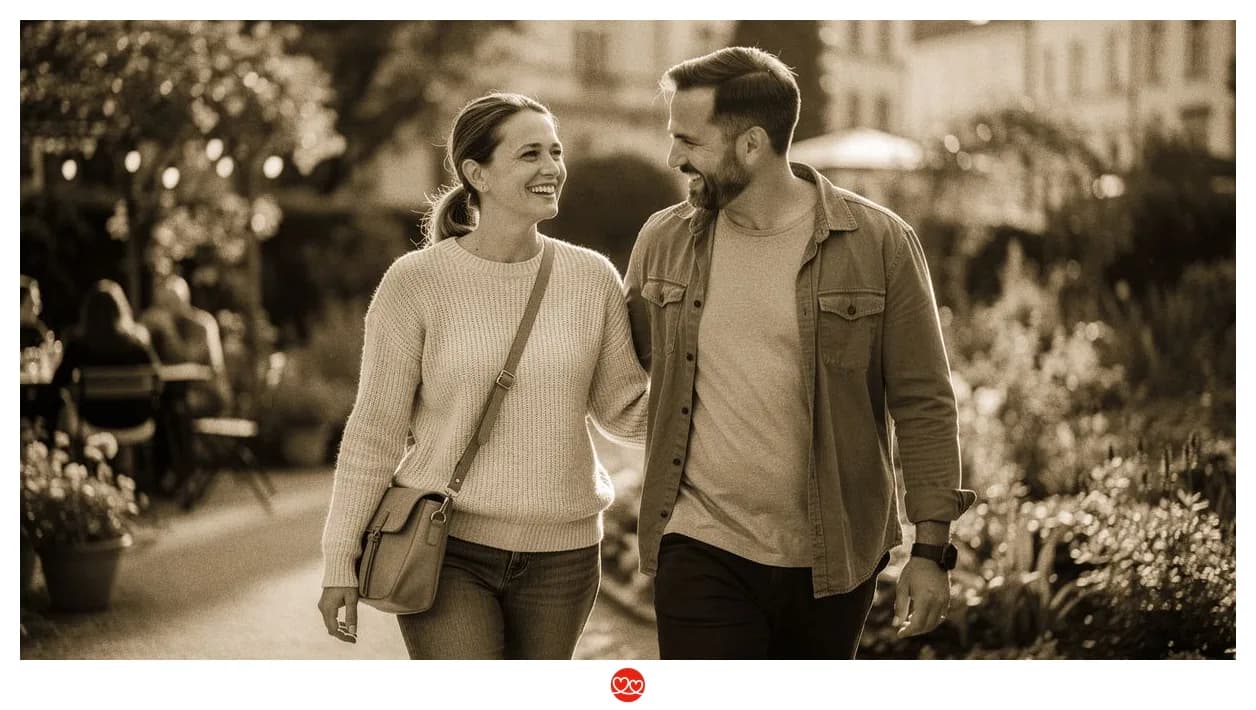 Paar beim Spaziergang im Botanischen Garten — tiefes Gespräch in entspannter Atmosphäre