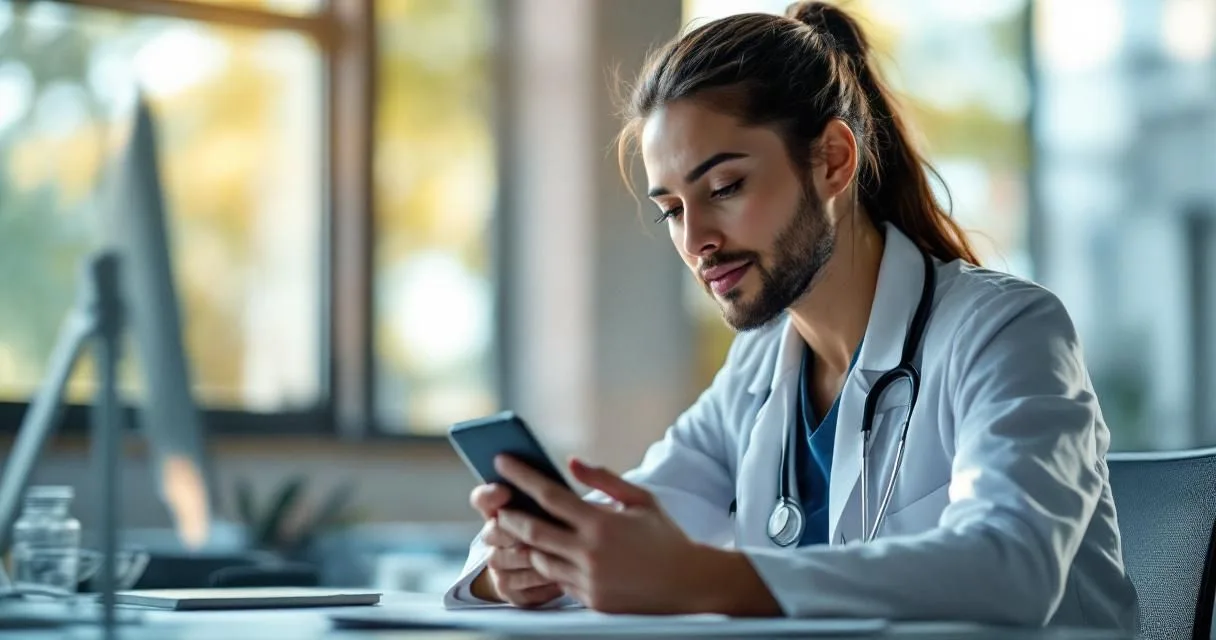 Dating Profil Arzt: Mediziner schaut nachdenklich auf Smartphone in Krankenhaus-Pausenraum