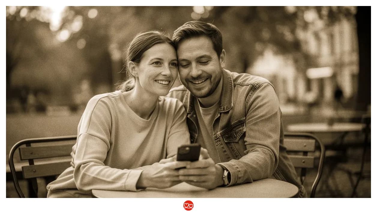 Psychologin in Zivil mit Smartphone in einem Café — entspannt, authentisch, offen