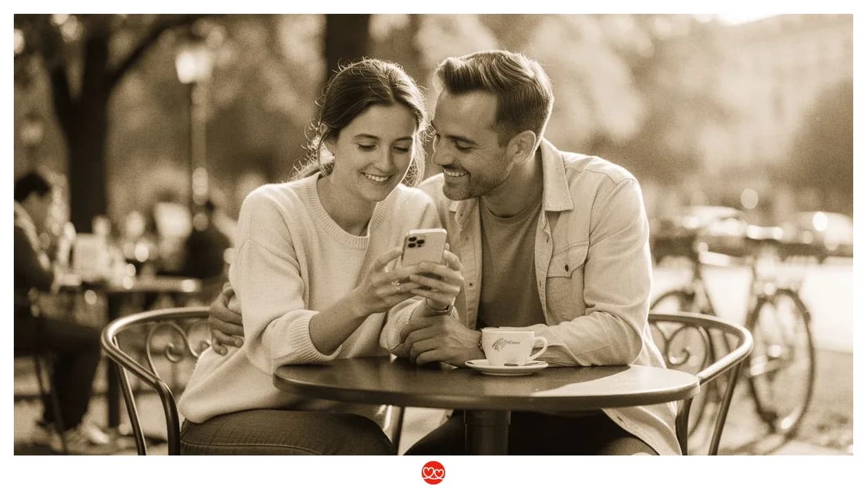 Krankenschwester schreibt entspannt auf dem Smartphone, Café-Setting