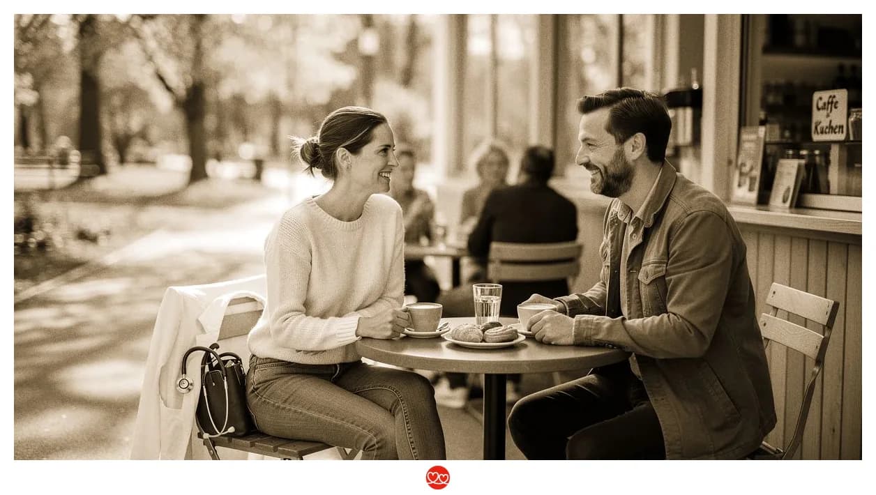 Zwei Menschen beim Kaffee-Date in entspannter Atmosphäre