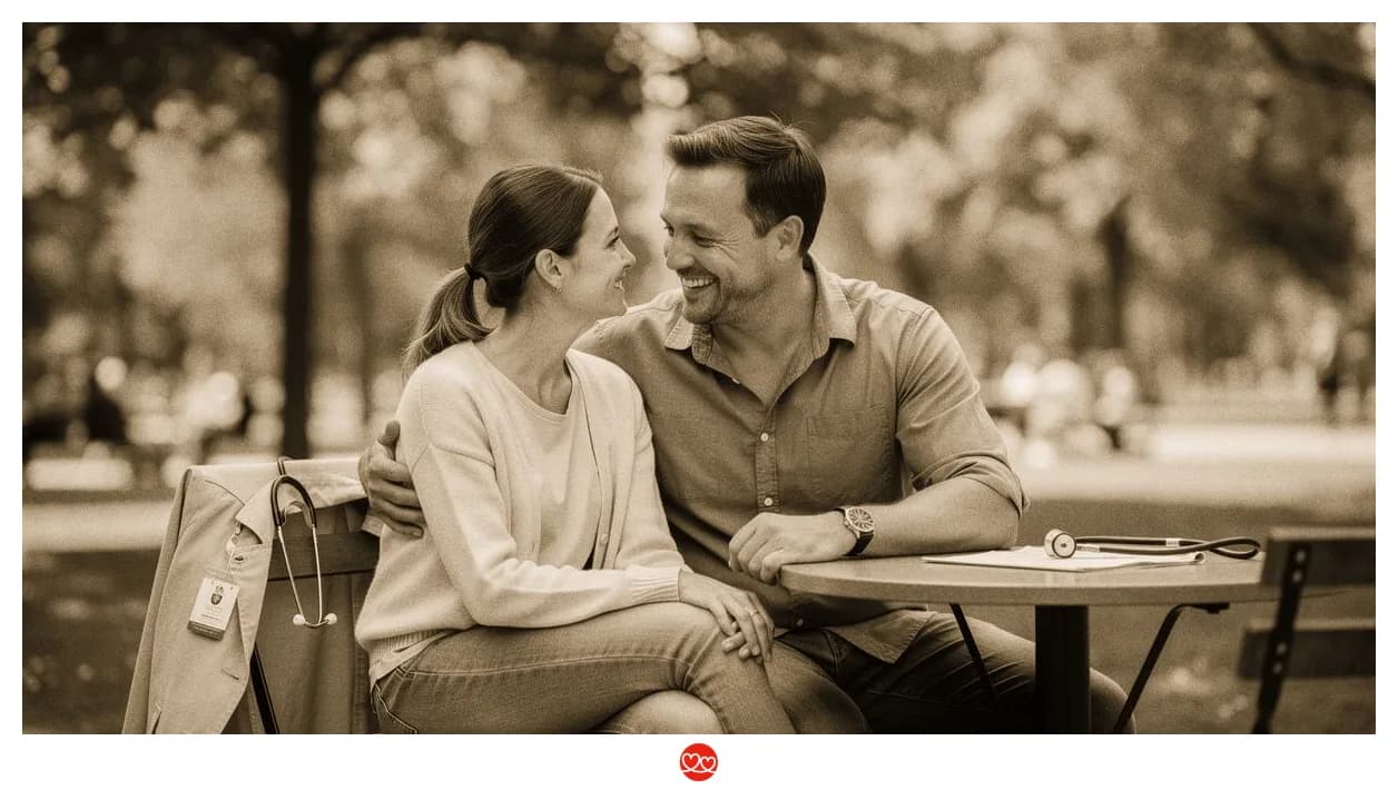 Pflegekraft in Alltagskleidung nach dem Nachtdienst — müde aber gefasst, warmes natürliches Licht