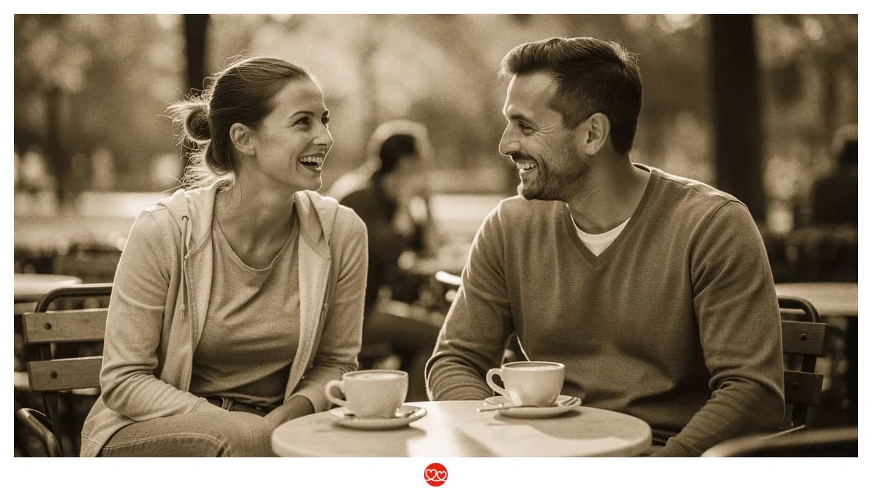 Gesprächsthemen erstes Date Pflege: Pfleger und Frau beim ersten Date in einem Café, ruhiges Gespräch
