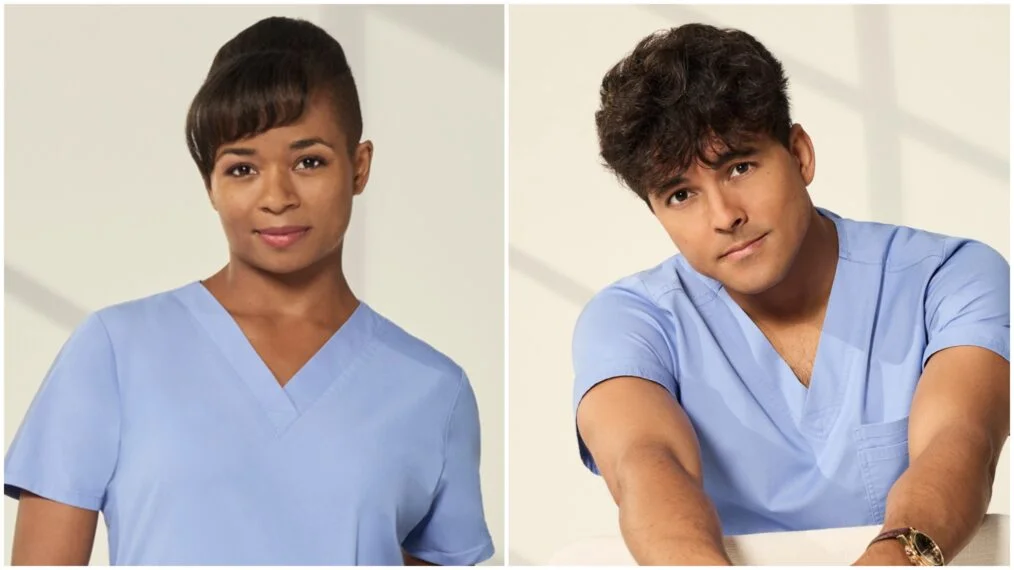 Alexis Floyd als Simone Griffith und Niko Terho als Lucas Adams in Grey's Anatomy Staffel 22 (ABC)