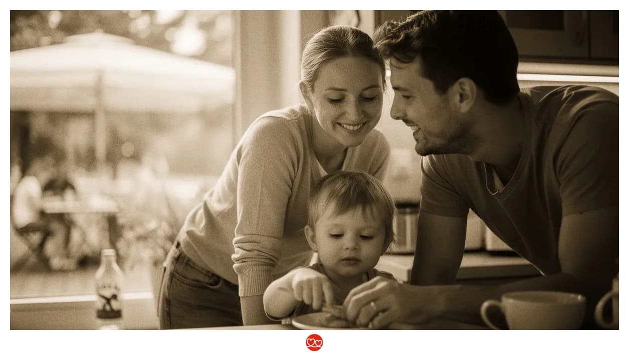 Pflegekraft in Zivil mit Kind beim Frühstück, entspannter Morgen zu Hause