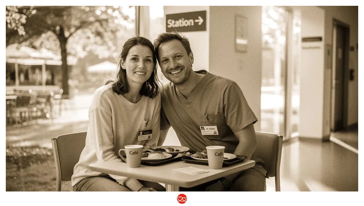 Zwei Mediziner beim Mittagessen, locker, freundlich, leicht romantisch