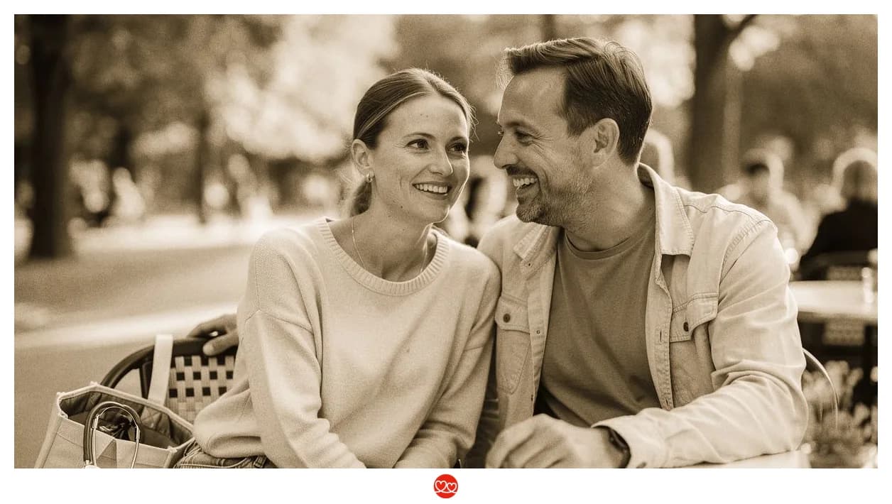 Zwei Menschen auf Sofa, einer gerade wach, einer noch müde — morgendliches Gespräch mit Kaffee