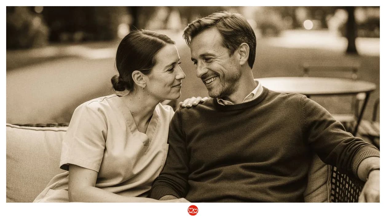 Therapeuten-Paar im Gespräch auf dem Sofa — Liebe und professionelle Kommunikationsmuster in der Beziehung