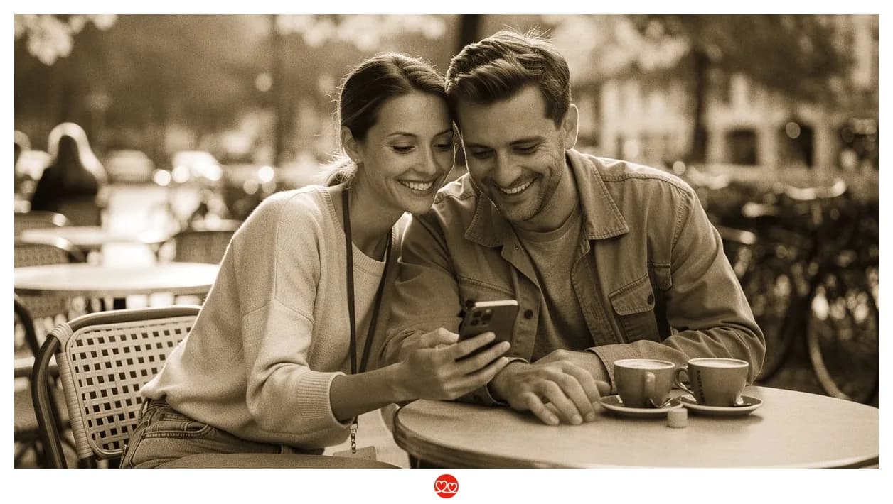 Mann und Frau schauen gemeinsam auf ein Handy und lachen