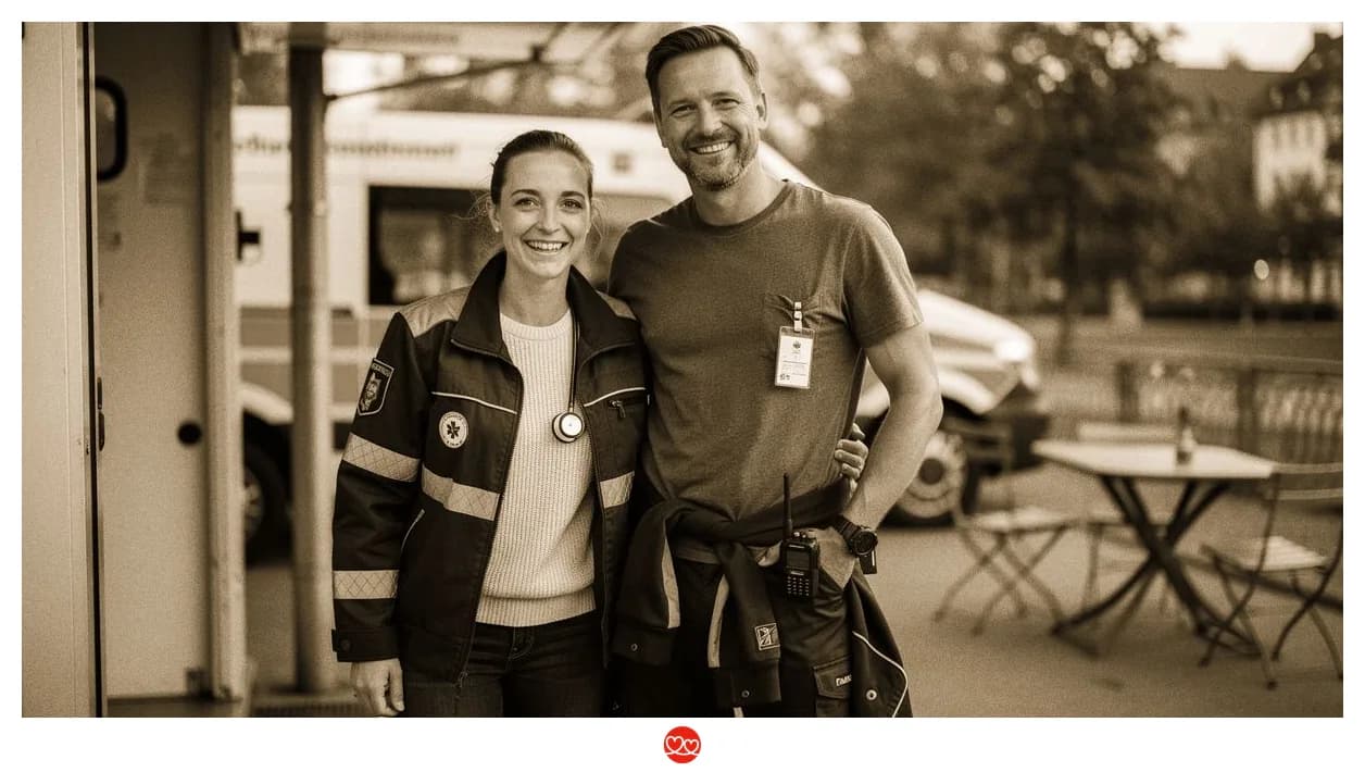 Notarzt und Notfallsanitäter nebeneinander an der Rettungswache — unterschiedliche Rollen, unterschiedliche Lebenswelten