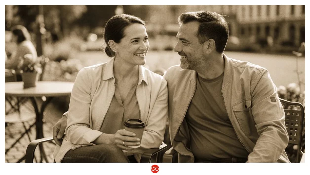 Coach sitzt gegenüber von jemandem, beide in konzentrierter, offener Körperhaltung, Sonnenlicht von links — Vertrauen ohne Therapie