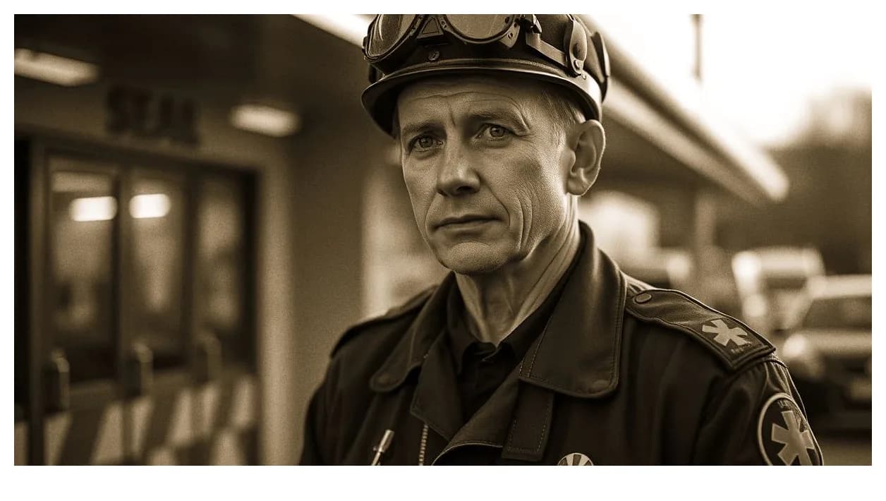 Rettungsdienstmitarbeiter nach einem langen Dienst im Abendlicht, erschöpft aber gefasst