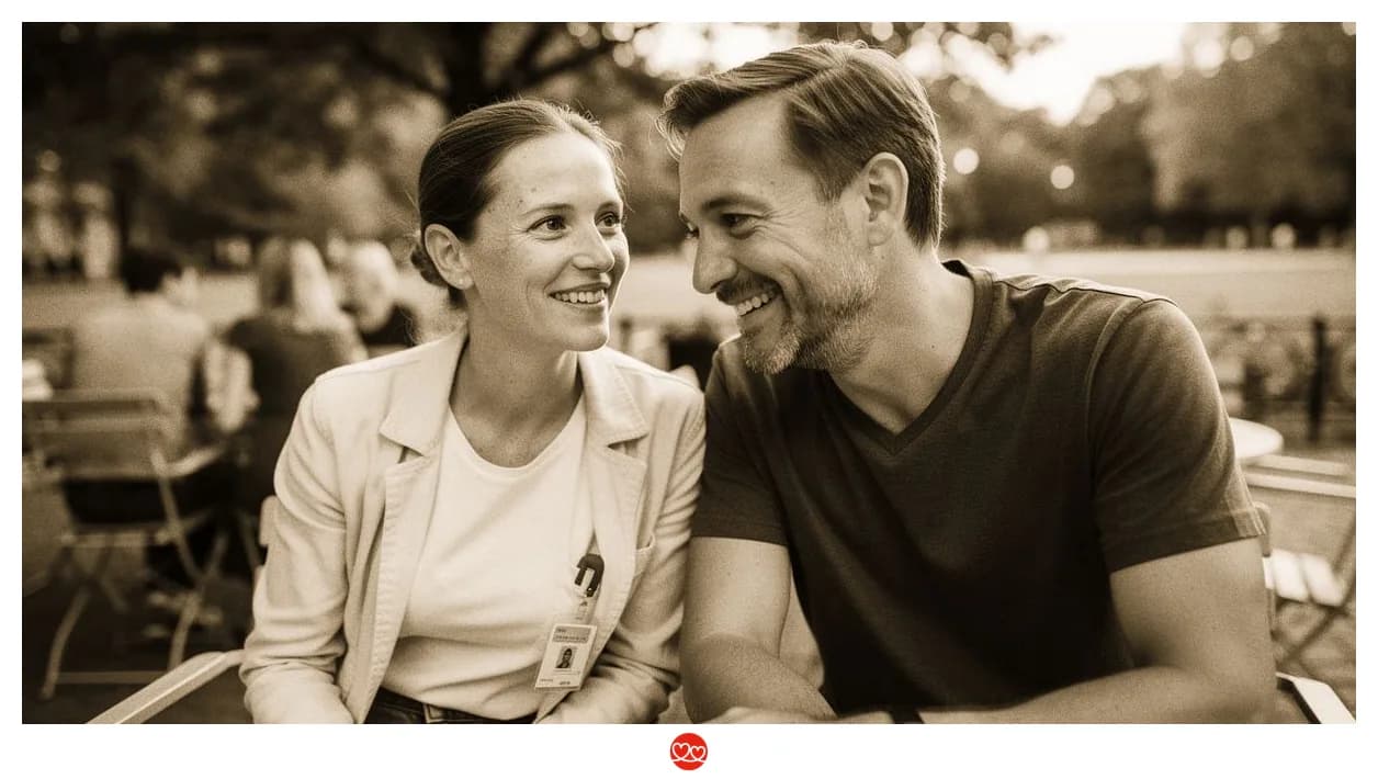 Pflegekraft über 40 beim Spaziergang, selbstsicher und entspannt