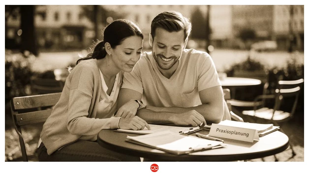 Arzt-Paar schaut auf Unterlagen, Praxisplanung, ernst aber optimistisch