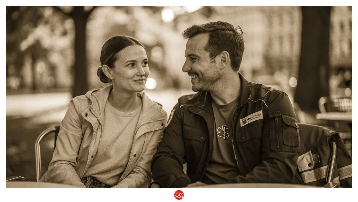 Rettungsdienstler in ruhigem Moment — nachdenklich, warmes Licht, authentisch