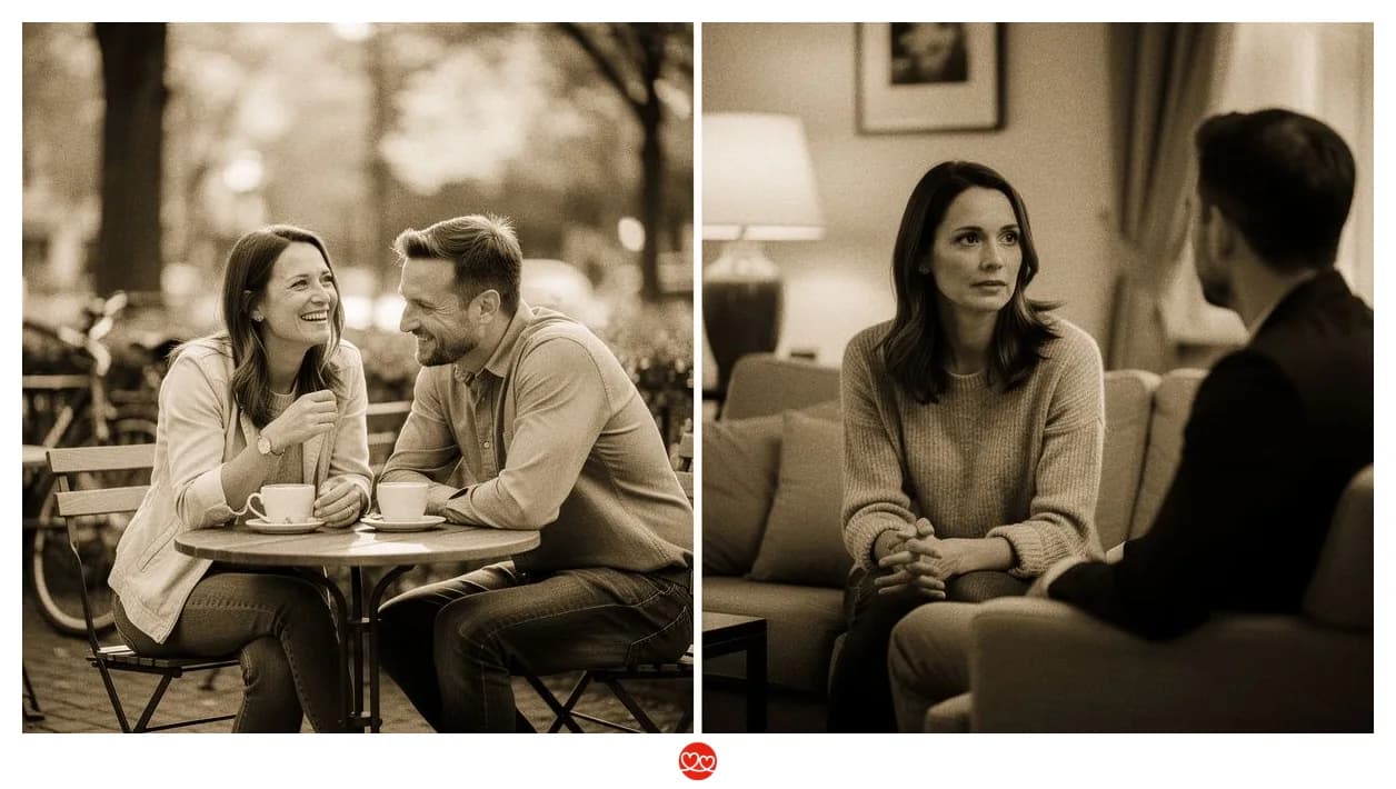 Therapeutin im Gespräch mit Partnerin, Vertrauen und Grenzen in der Beziehung