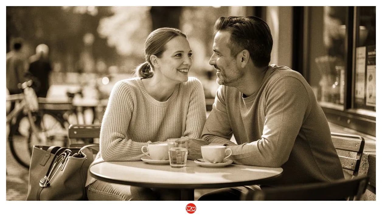 Date-Ideen Pflege Dienstplan: Paar beim Morgen-Kaffee in einem Café, entspannte Atmosphäre vor dem Schichtbeginn