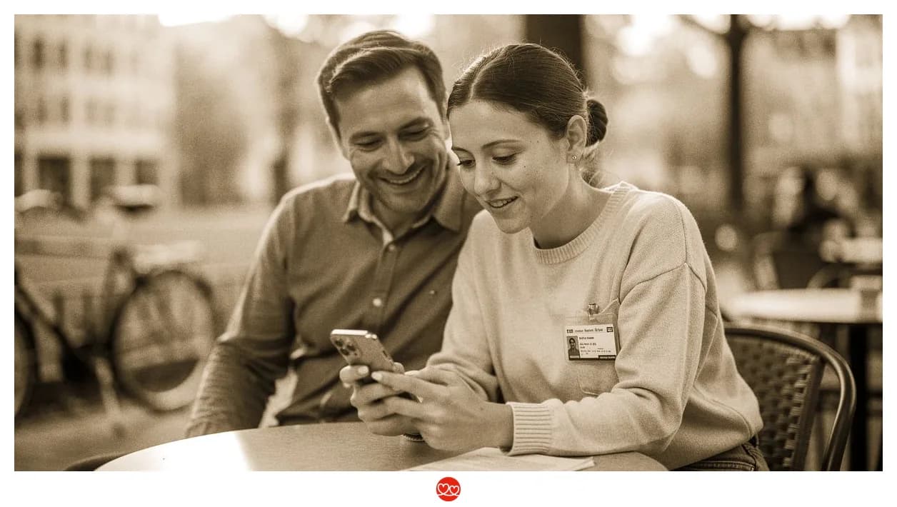 Arzt in Alltagskleidung schaut auf sein Smartphone und prüft seinen Kalender, Café-Hintergrund, natürliches Licht