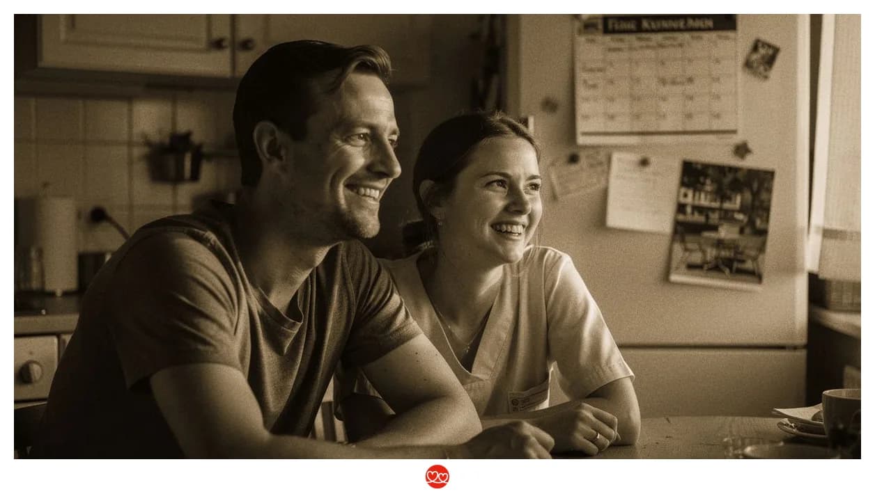 Zwei Pflegekräfte als Paar zuhause in der Küche — Dienstplan am Kühlschrank, warmes Abendlicht