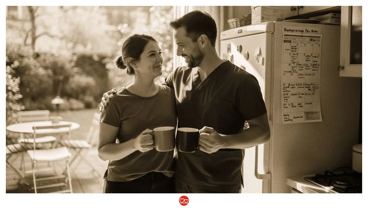Zwei Rettungsdienstler als Paar zuhause in der Küche — Kaffee, Kalender, entspannte Atmosphäre