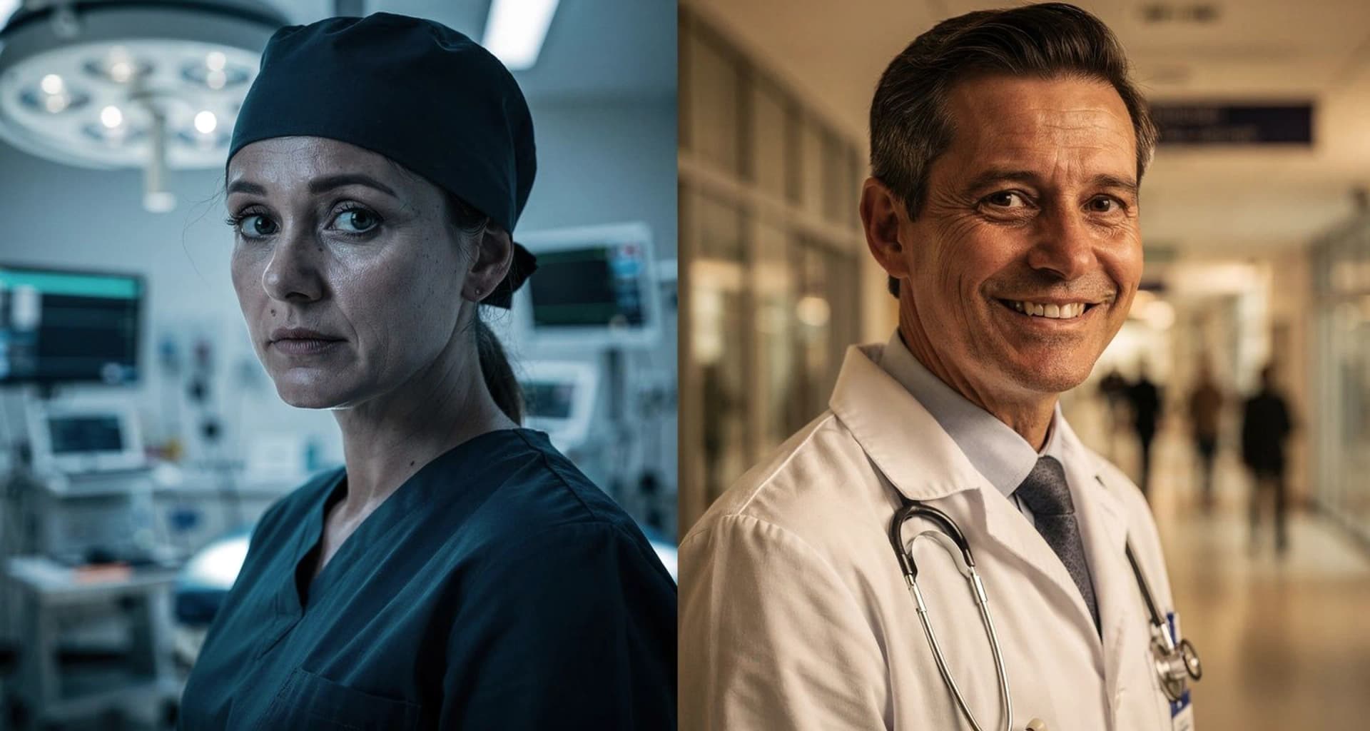 Chirurgin im OP und Klinik-Arzt im Korridor — Split-Frame zu Grey’s Anatomy und Junge Ärzte