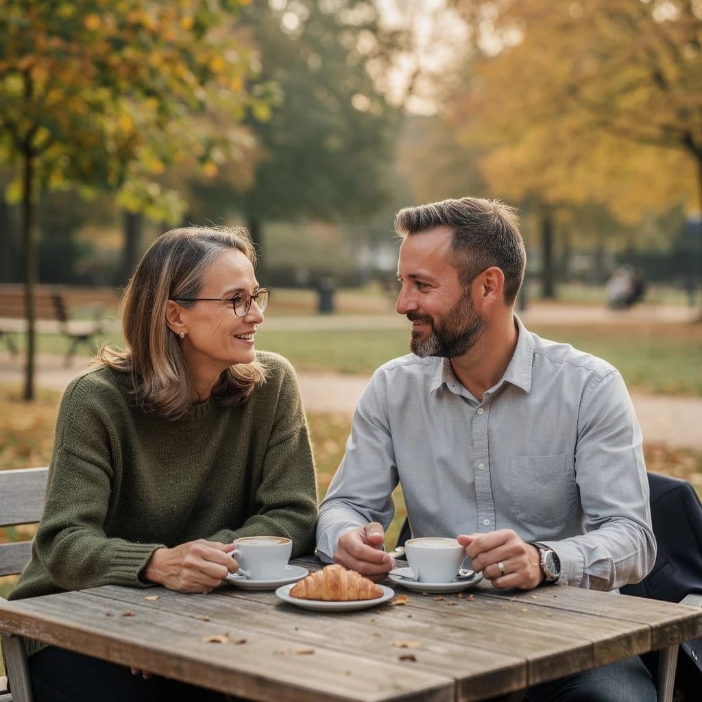 Anja und Christian beim Frühstück auf einer Terrasse in Düsseldorf-Bilk, herbstlich, entspannt