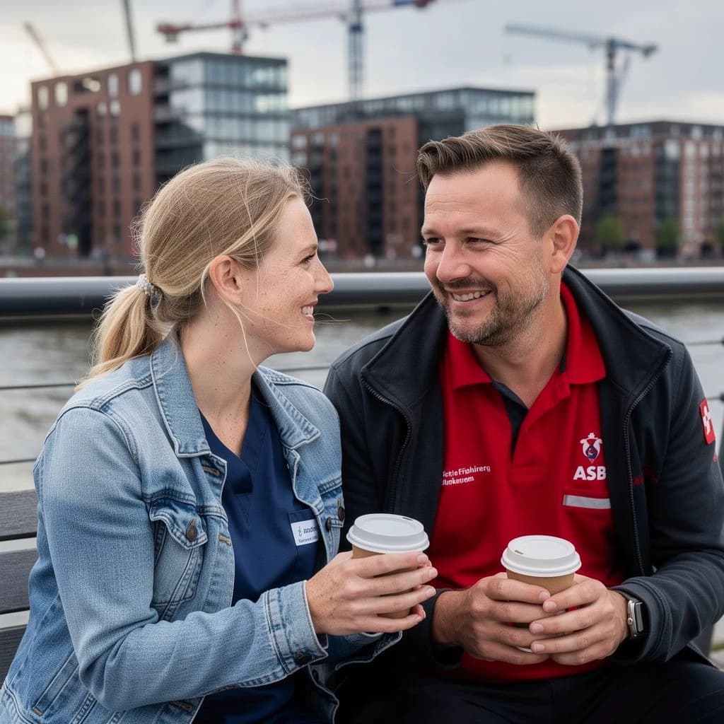 Stefanie und Tobias mit Kaffeebechern an der Elbe Hamburg, in Arbeitskleidung Pflege/Rettung, lachend