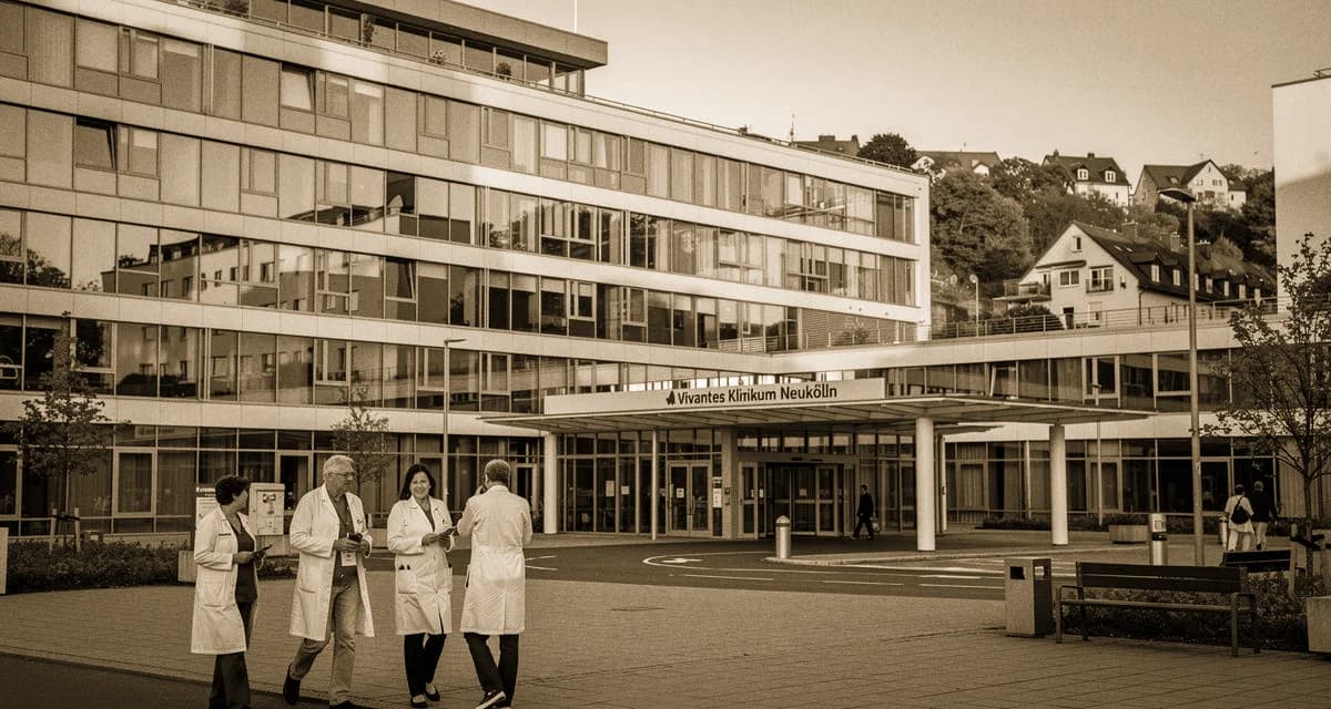 Vivantes Klinikum Neukölln Hauptgebäude an der Rudower Straße mit Klinikturm und Berliner Stadtteil-Architektur