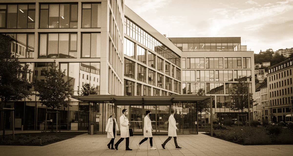 Charité-Hochhaus am Charitéplatz mit moderner Glasfassade und Mediziner:innen im Eingangsbereich