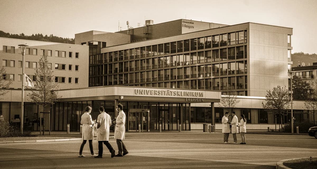 Universitätsklinikum Erlangen Hauptgebäude am Maximiliansplatz mit Kopfsteinpflaster und historischer Fassade