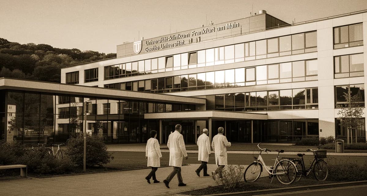 Universitätsklinikum Frankfurt am Theodor-Stern-Kai mit Mediziner-Team in der Skyline-Kulisse
