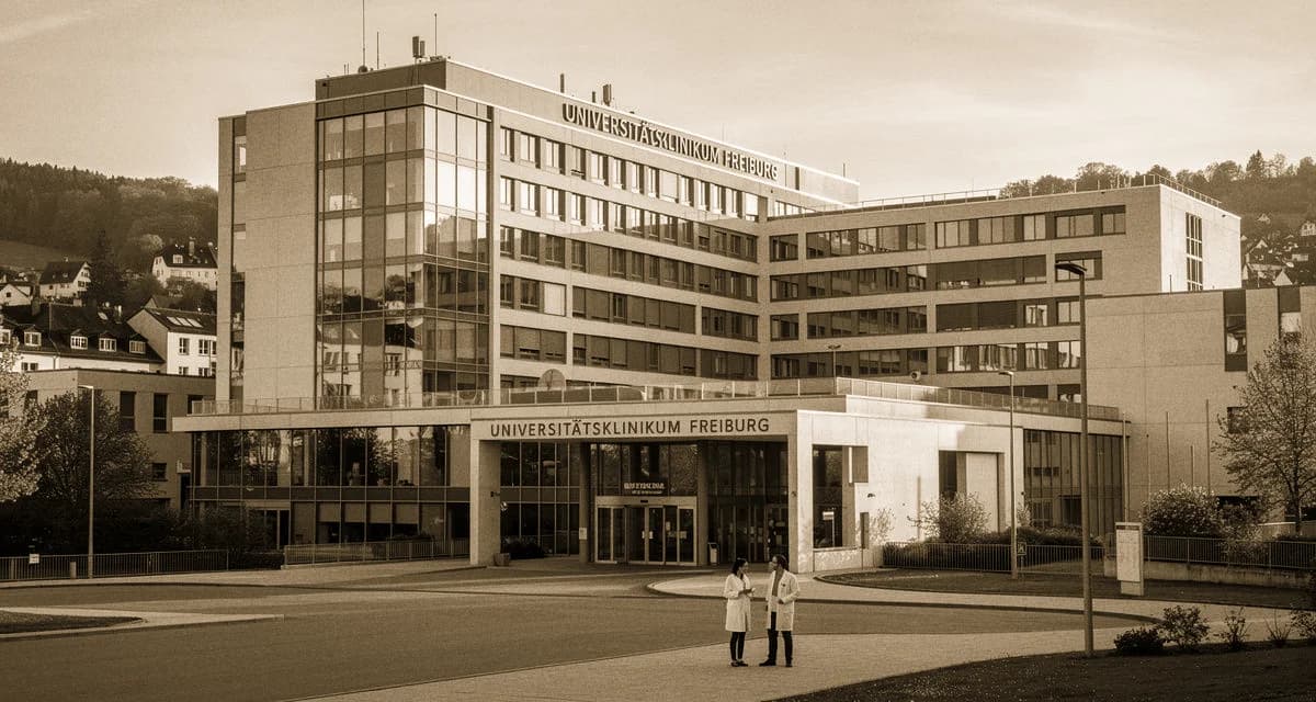 Eingangsbereich des Universitätsklinikums Freiburg mit Glasfassade und Mitarbeitenden