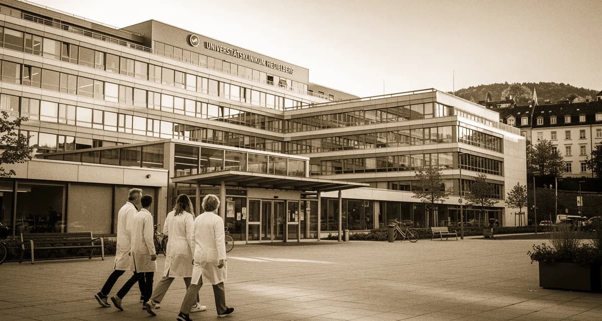 Klinik-Hochhäuser im Neuenheimer Feld mit Neckar-Hintergrund und Mediziner:innen am Eingang