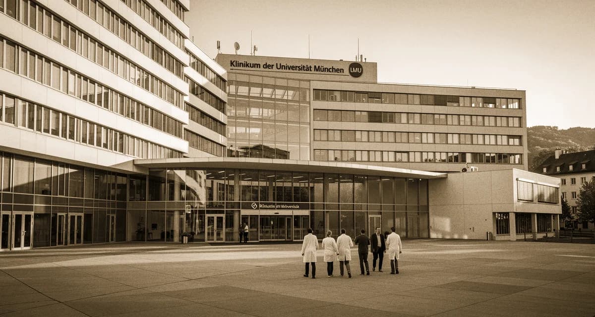 Hochhaus-Komplex des LMU-Klinikums Großhadern mit Mediziner:innen im Vordergrund