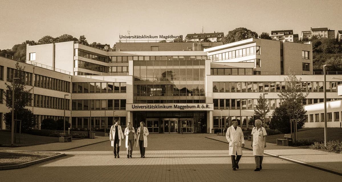 Universitätsklinikum Magdeburg: Hauptgebäude an der Leipziger Straße mit medizinischem Personal