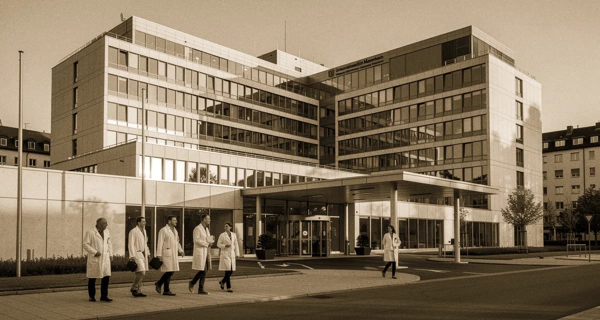 Universitätsmedizin Mannheim UMM — Klinikgebäude am Theodor-Kutzer-Ufer mit Mediziner-Team