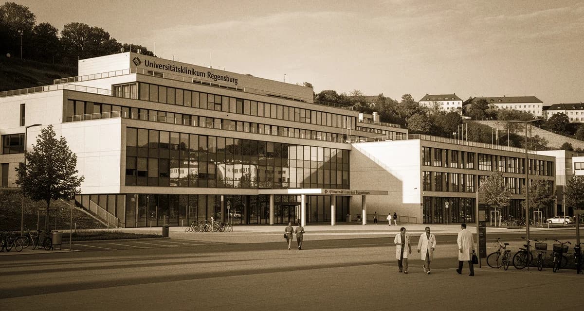 Universitätsklinikum Regensburg an der Franz-Josef-Strauß-Allee mit moderner Klinikfassade und Donau-Auenblick