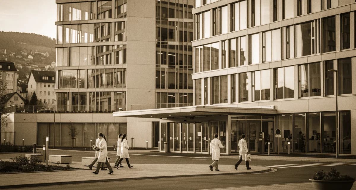 Klinikgebäude des Universitätsklinikums Ulm am Oberen Eselsberg mit Donau-Blick